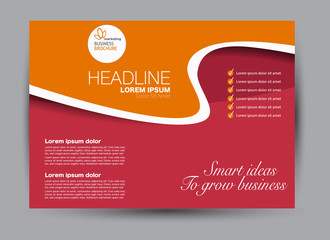 Landscape wide flyer template. Billboard banner abstract background design. Business, education, presentation, advertisement concept. Red and orange color. Vector illustration.