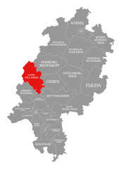 Lahn-Dill-Kreis county red highlighted in map of Hessen Germany
