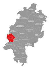 Limburg-Weilburg county red highlighted in map of Hessen Germany