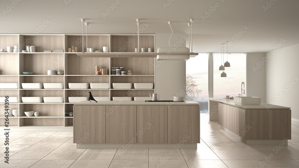 Wall mural minimalist luxury expensive white and wooden kitchen, island, sink and gas hob, open space, panorami