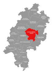 Vogelsbergkreis county red highlighted in map of Hessen Germany