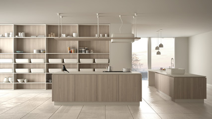 Minimalist luxury expensive white and wooden kitchen, island, sink and gas hob, open space,...