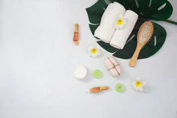 Naklejka na ściany i meble Beauty and fashion concept with spa set on white rustic wooden background
