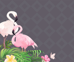 Dark background with flamingo, tropical flowers and palm leaves