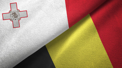 Fototapeta na wymiar Malta and Belgium two flags textile cloth, fabric texture