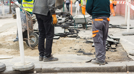 Budapest - Hungary - April 11, 2019: Asphalt replacement. Repair cover. Reconstruction of the old pavement