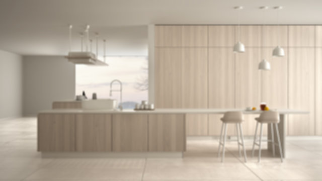 Blur background interior design, minimalist luxury expensive kitchen, island, sink and gas hob, open space, ceramic floor, modern interior design architecture concept idea