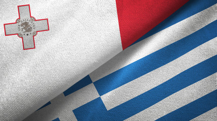 Fototapeta na wymiar Malta and Greece two flags textile cloth, fabric texture