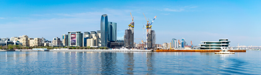 Baku, Azerbaijan - April 13, 2019: Panoramic sunny summer view of Baku, capital city of Azerbaijan. Panorama Baku from The Caspian Sea
