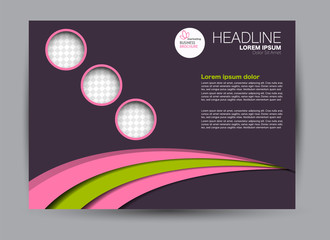 Naklejka premium Landscape wide flyer template. Billboard banner abstract background design. Business, education, presentation, advertisement concept. Purple, green, and pink color. Vector illustration.
