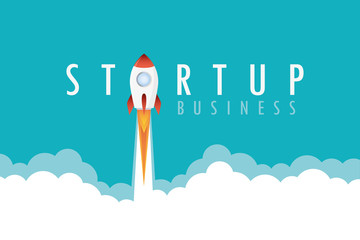 startup business text concept rocket launch with smoke vector illustration EPS10