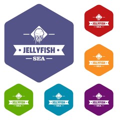Jellyfish sea icons vector colorful hexahedron set collection isolated on white 