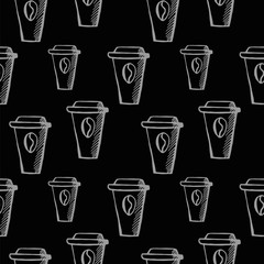 cup of coffee seamless pattern. hand drawn vector illustration on black background
