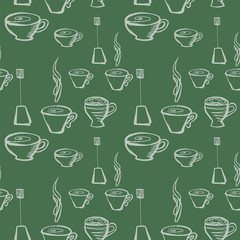 tea cup seamless pattern. hand drawn vector illustration of green color