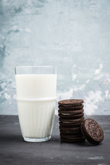 Glass of cold milk and chocolate cookies on the rustic background. Selective focus. Shallow depth of field. 