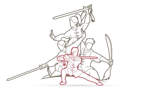 Kung Fu, Wushu with swords, Group of people pose kung fu fighting action graphic vector.