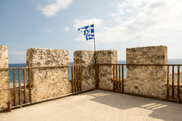 Detail of the Fortress of Frangokastello in Crete, greece island history place, greece flag