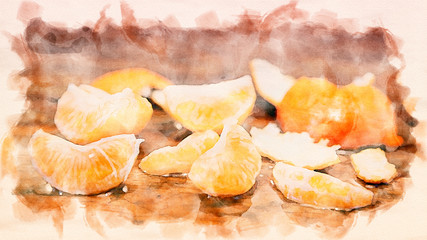 peeled tangerine on a wet wooden table