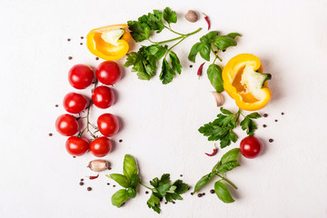 Round frame of fresh vegetables, herbs and spices. Healthy eating concept