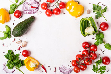 Fresh variety vegetables, spices and herbs frame. Place for text or recipe