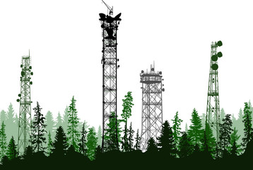antenna tower four silhouettes in green forest isolated on white