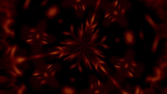 Evil denon faces rushes on camera with kaleidoscope effect. Digital animation in genre of horror. Orange background color. 