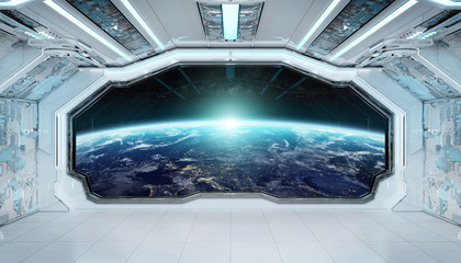 White blue spaceship futuristic interior with window view on planet Earth 3d rendering © sdecoret