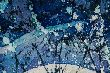 Abstraction, turquoise and violet, hot batik, background texture, handmade on silk, abstract surrealism art