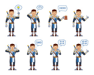 Set of medieval knight characters showing different actions. Cheerful knight pointing up, thinking, holding mug of beer, laughing, surprised, crying, showing thumb up gesture. Vector illustration