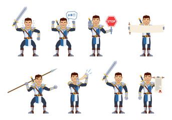 Fototapeta na wymiar Set of medieval knight characters showing different actions. Cheerful knight holding stop sign, scroll, spear, blowing in the horn, celebrating victory, angry. Flat style vector illustration