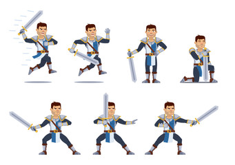 Fototapeta na wymiar Set of medieval knight characters showing different actions. Cheerful knight standing, praying, running, jumping, attacking, holding sword. Flat style vector illustration