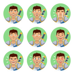 Fototapeta premium Set of crusader emoticons. Knight avatars showing different emotions. Happy, smile, sad, cry, angry, love, surprised, upset, laugh and other facial expressions. Flat style vector illustration