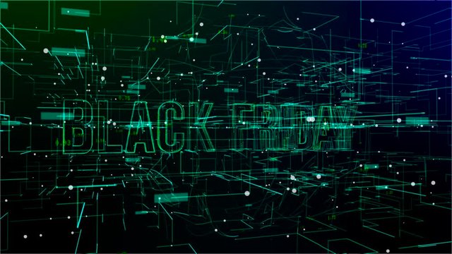 Animation of rotating mesh cloud of connections and floating random numbers with 'Black Friday' text