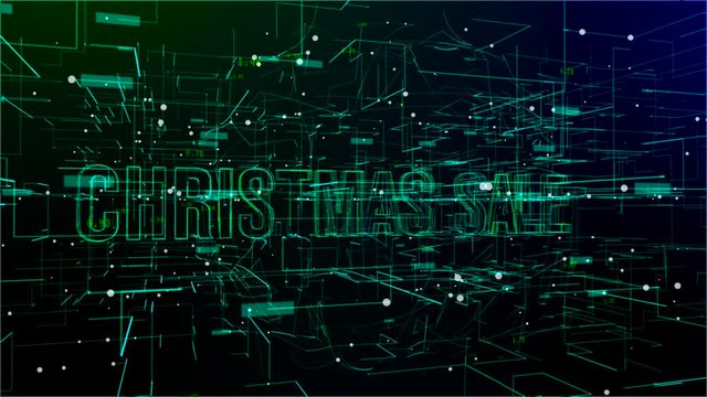 Animation of rotating digital space with 'Christmas Sale' text. Green and blue gradient background