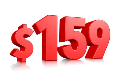 159$ One hundred fifty-nine price symbol. red text number 3d render with dollar sign on white background