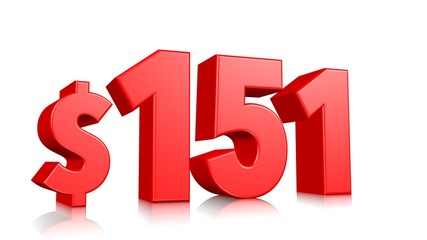 151$ One hundred fifty one price symbol. red text number 3d render with dollar sign on white background