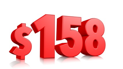 158$ One hundred fifty eight price symbol. red text number 3d render with dollar sign on white background