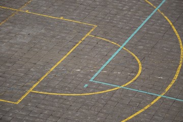 colorful basketball court in the street in Bilbao city, lines and markings on the ground