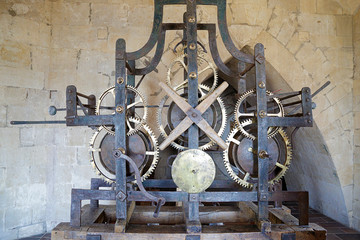 Large rusty ancient church clock mechanism