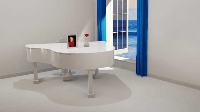 Mozart on a piano by an open window with an ocean view and a red rose on top. The wind moves the blue curtains and one rose petal falls off. The camera is zooming in - 3D illustration