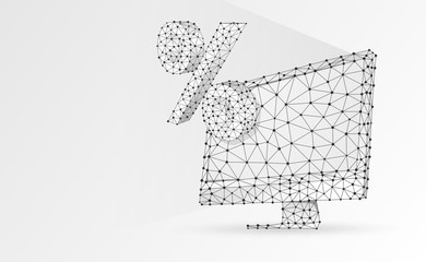 Computer monitor, percent symbol. Devices, calculation, discount, concept. Abstract, digital, wireframe, low poly mesh, vector white origami 3d illustration. Triangles, lines, dots, stars