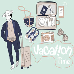 Vacation time banner with all needed stuffs for traveling and the pastel background.