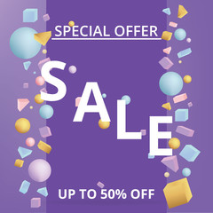 Fototapeta premium Sale banner template, 3d figures realistic vector primitives composition