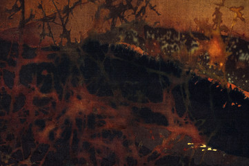 Evening mountains, fragment, hot batik, background texture, handmade on silk, abstract surrealism...