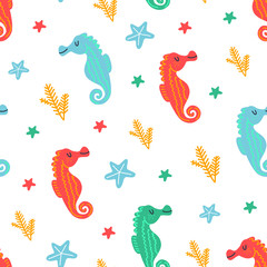 Sea seamless pattern with seahorse, starfish, seaweed. Underwater. Ocean and sea vector illustration for textiles, web, print and wallpaper. White background