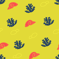Obraz premium Sea seamless pattern with stones, seashells, seaweed. Underwater. Ocean and sea vector illustration for textiles, web, print and wallpaper. Yellow background