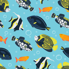 Sea seamless pattern with fish, seaweed and bubbles. Underwater. Ocean and sea vector illustration for textiles, web, print and wallpaper. Blue background