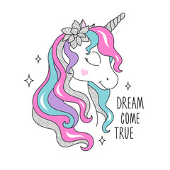 Glitter unicorn with flower for t-shirts. Design for kids. Fashion illustration drawing in modern style for clothes. Girlish print. Glitter, unicorn.
