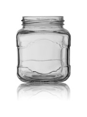 opened empty glass jar of irregular shape with reflection isolated on a white background