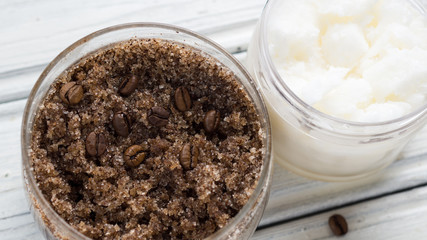 Coffee body scrub with sugar and coconut oil
